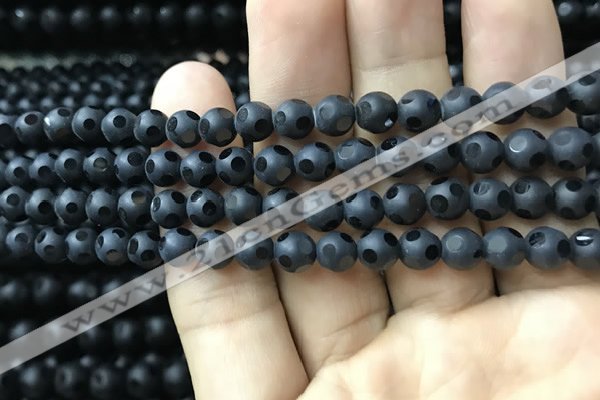 CAA2458 15.5 inches 6mm carved round matte black agate beads