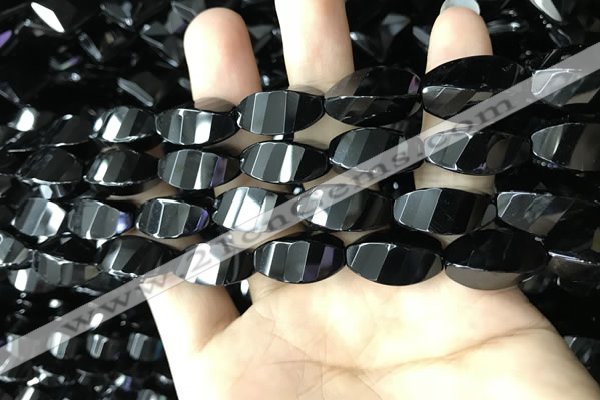 CAA2492 15.5 inches 10*20mm faceted & twisted rice black agate beads