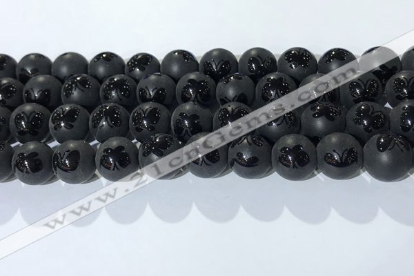CAA3668 15.5 inches 12mm round matte & carved black agate beads