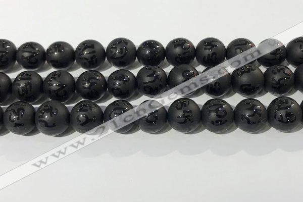 CAA3678 15.5 inches 12mm round matte & carved black agate beads