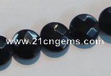 CAB810 15.5 inches 14mm faceted coin black gemstone agate beads
