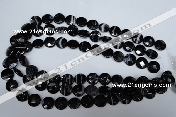 CAG3073 15.5 inches 14mm faceted coin black line agate beads
