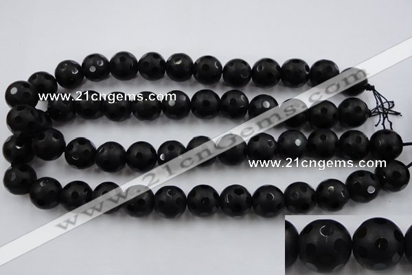 CAG3674 15.5 inches 14mm carved round matte black agate beads
