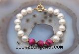 CFB1027 Hand-knotted 9mm - 10mm potato white freshwater pearl & red tiger eye bracelet