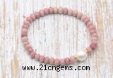 CFB727 faceted rondelle pink wooden jasper & potato white freshwater pearl stretchy bracelet