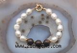 CFB959 Hand-knotted 9mm - 10mm rice white freshwater pearl & bronzite bracelet