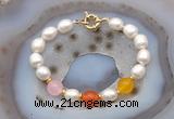 CFB996 Hand-knotted 9mm - 10mm rice white freshwater pearl & colorful candy jade bracelet