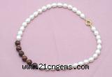 CFN440 9 - 10mm rice white freshwater pearl & mahogany obsidian necklace