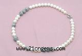 CFN558 9mm - 10mm potato white freshwater pearl & grey picture jasper necklace