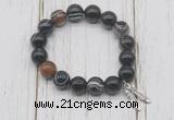 CGB6857 10mm, 12mm black banded agate beaded bracelet with alloy pendant