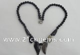CGN12 18.5 inches round & leaf black agate gemstone beads necklaces
