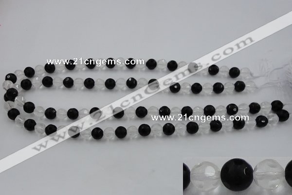 CNC86 15.5 inches 8mm carved round matte white crystal & black agate beads