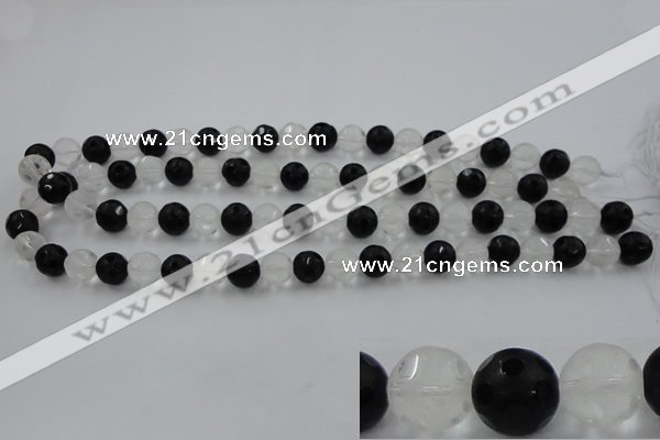 CNC87 15.5 inches 10mm carved round matte white crystal & black agate beads