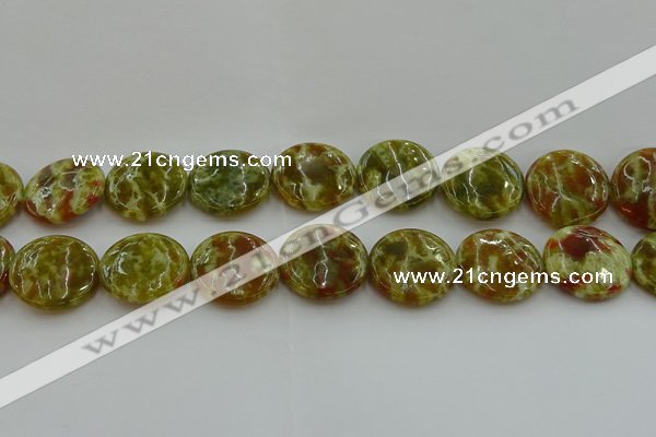 CNS627 15.5 inches 25mm flat round green dragon serpentine jasper beads