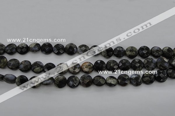 COP495 15.5 inches 10mm faceted coin natural grey opal beads