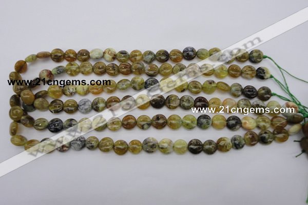 COP567 15.5 inches 10mm flat round natural yellow & green opal beads