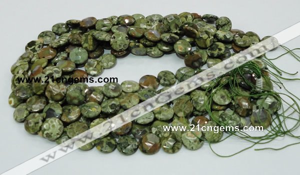 CPS85 15.5 inches 14mm faceted flat round green peacock stone beads
