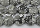 CPT164 15.5 inches 14mm flat round grey picture jasper beads