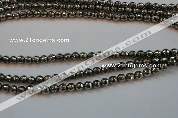 CPY106 15.5 inches 6mm faceted round pyrite gemstone beads wholesale