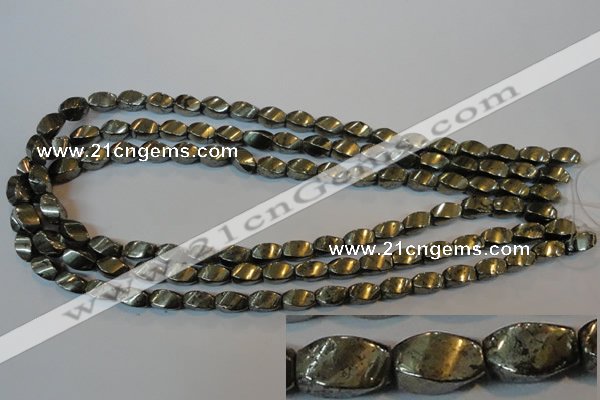 CPY345 15.5 inches 6*10mm twisted rice pyrite gemstone beads wholesale