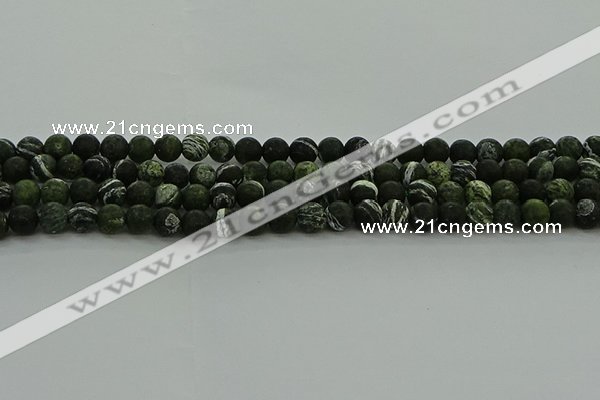 CRO1121 15.5 inches 6mm round matte green silver line jasper beads