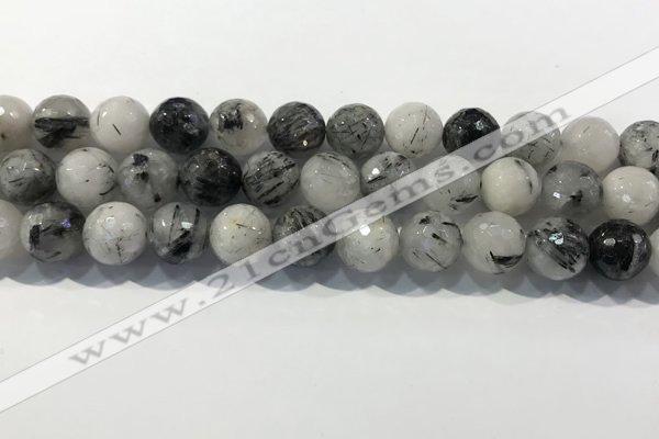 CRU935 15.5 inches 13mm faceted round black rutilated quartz beads