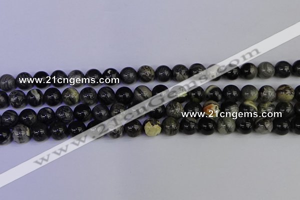 CSL213 15.5 inches 10mm round black silver leaf jasper beads