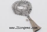 GMN1818 Knotted 8mm, 10mm cloudy quartz 108 beads mala necklace with tassel & charm