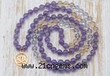 GMN6153 Knotted 8mm, 10mm amethyst, citrine & white crystal 108 beads mala necklace with charm