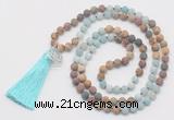 GMN6207 Knotted 8mm, 10mm matte amazonite & jasper 108 beads mala necklace with tassel & charm