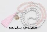 GMN6303 Knotted matte rose quartz & white howlite 108 beads mala necklace with tassel & charm