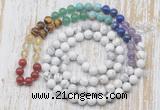 GMN6422 Hand-knotted 7 Chakra 8mm, 10mm white howlite 108 beads mala necklaces