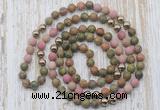 GMN6448 Hand-knotted 8mm, 10mm matte unakite & pink wooden jasper 108 beads mala necklaces