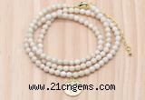 GMN7524 4mm faceted round tiny white fossil jasper beaded necklace with letter charm