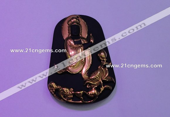 NGP2031 40*60mm carved gold plated matte black obsidian pendants