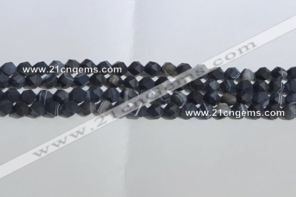 CAA1242 15.5 inches 6mm faceted nuggets matte black line agate beads