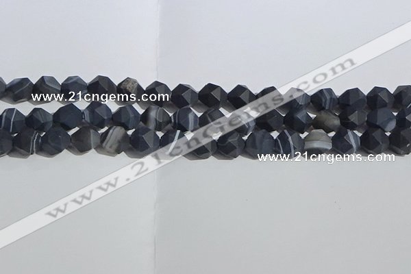 CAA1244 15.5 inches 10mm faceted nuggets matte black line agate beads