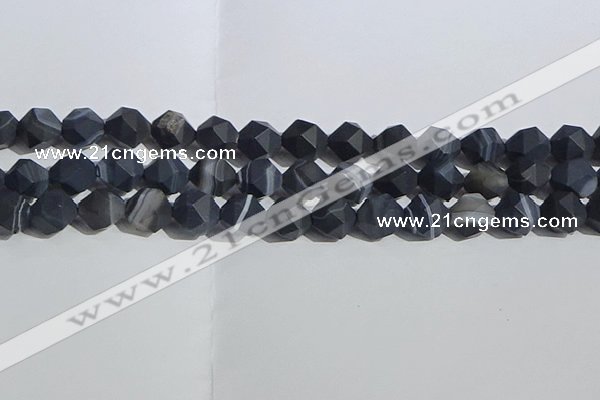 CAA1245 15.5 inches 12mm faceted nuggets matte black line agate beads