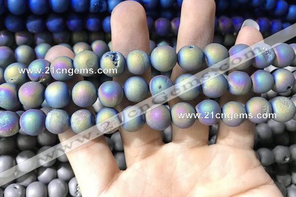 CAA1318 15.5 inches 10mm round matte plated druzy agate beads