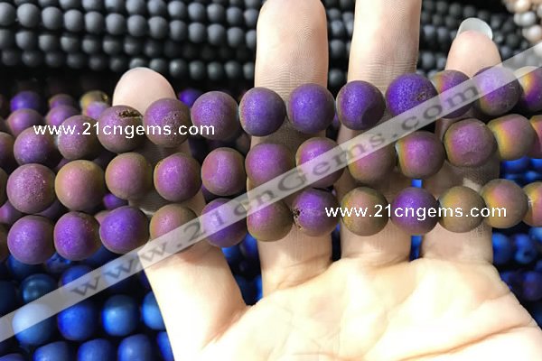 CAA1334 15.5 inches 12mm round matte plated druzy agate beads