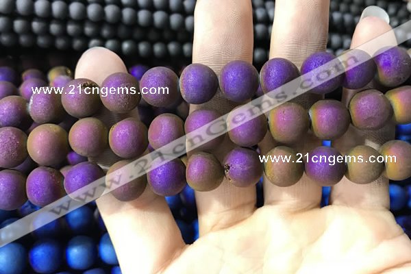 CAA1354 15.5 inches 14mm round matte plated druzy agate beads