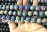 CAA1359 15.5 inches 14mm round matte plated druzy agate beads