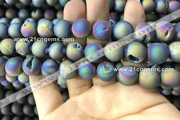 CAA1359 15.5 inches 14mm round matte plated druzy agate beads