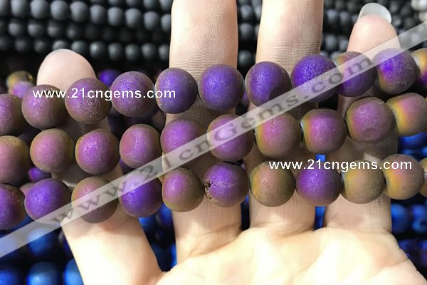 CAA1374 15.5 inches 16mm round matte plated druzy agate beads