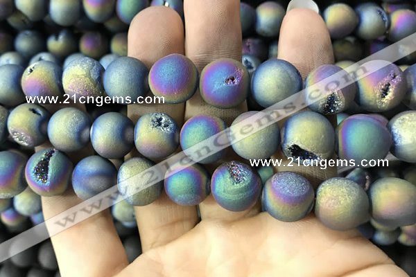 CAA1379 15.5 inches 16mm round matte plated druzy agate beads