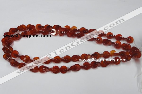 CAA152 15.5 inches 10*10mm curved moon red agate gemstone beads