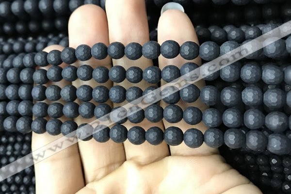 CAA2438 15.5 inches 6mm faceted round matte black agate beads