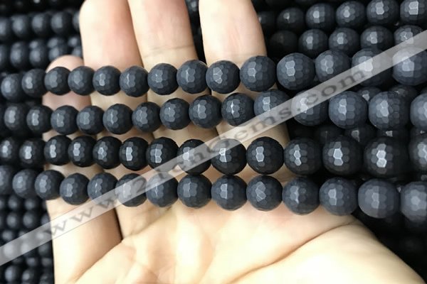 CAA2439 15.5 inches 8mm faceted round matte black agate beads