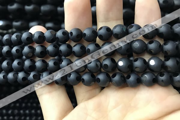 CAA2459 15.5 inches 8mm carved round matte black agate beads