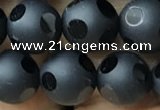 CAA2460 15.5 inches 10mm carved round matte black agate beads